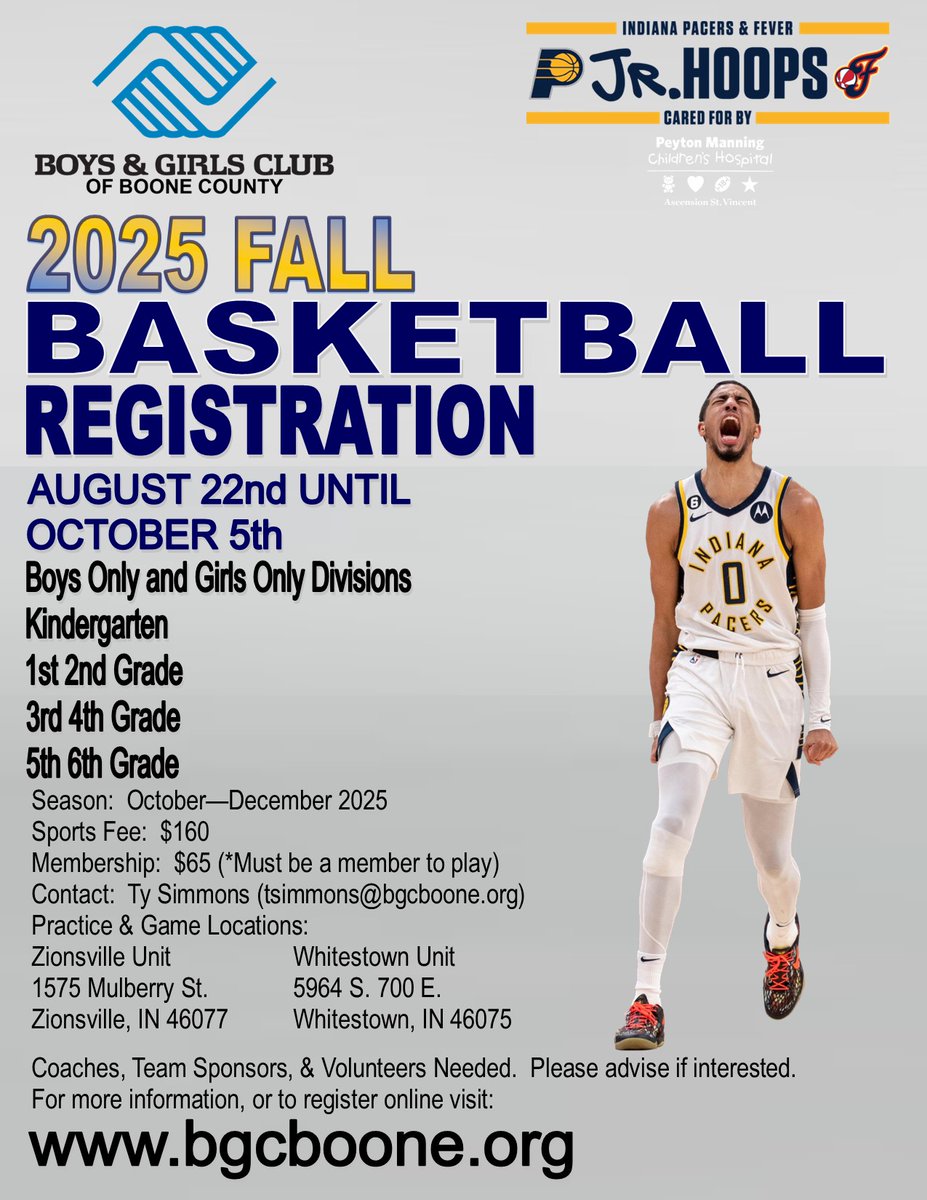 Fall 2025 rec basketball sign-ups are here!   The Boys &amp; Girls Club of Boone County is also thrilled to announce a new partnership with the Indiana Pacers, Fever and Boom for the upcoming 2025 fall basketball season!  bgcboone.org/sports/basketb…
#ZCS #Zionsville #Whitestown #Pacers