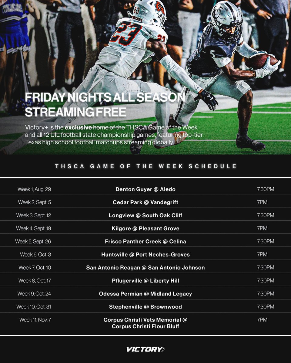 The wait is over 🙌 

We're kicking things off tomorrow with our very first THSCA Game of the Week!🏈 Catch every elite matchup this season for FREE on <a href="/victoryplustv/">Victory+</a>!