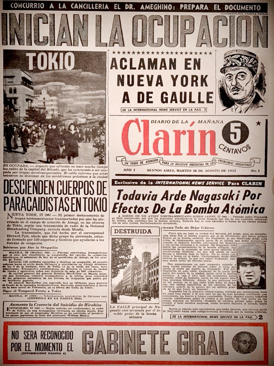 clarincom's tweet image. CLARÍN CUMPLE 80 AÑOS

El 28 de agosto de 1945 Clarín apareció por primera vez. La imagen de la izquierda muestra la fotografía de la primera edición del diario. A la derecha, la misma tapa pero con las fotos animadas con Inteligencia Artificial, una tecnología inimaginable en…