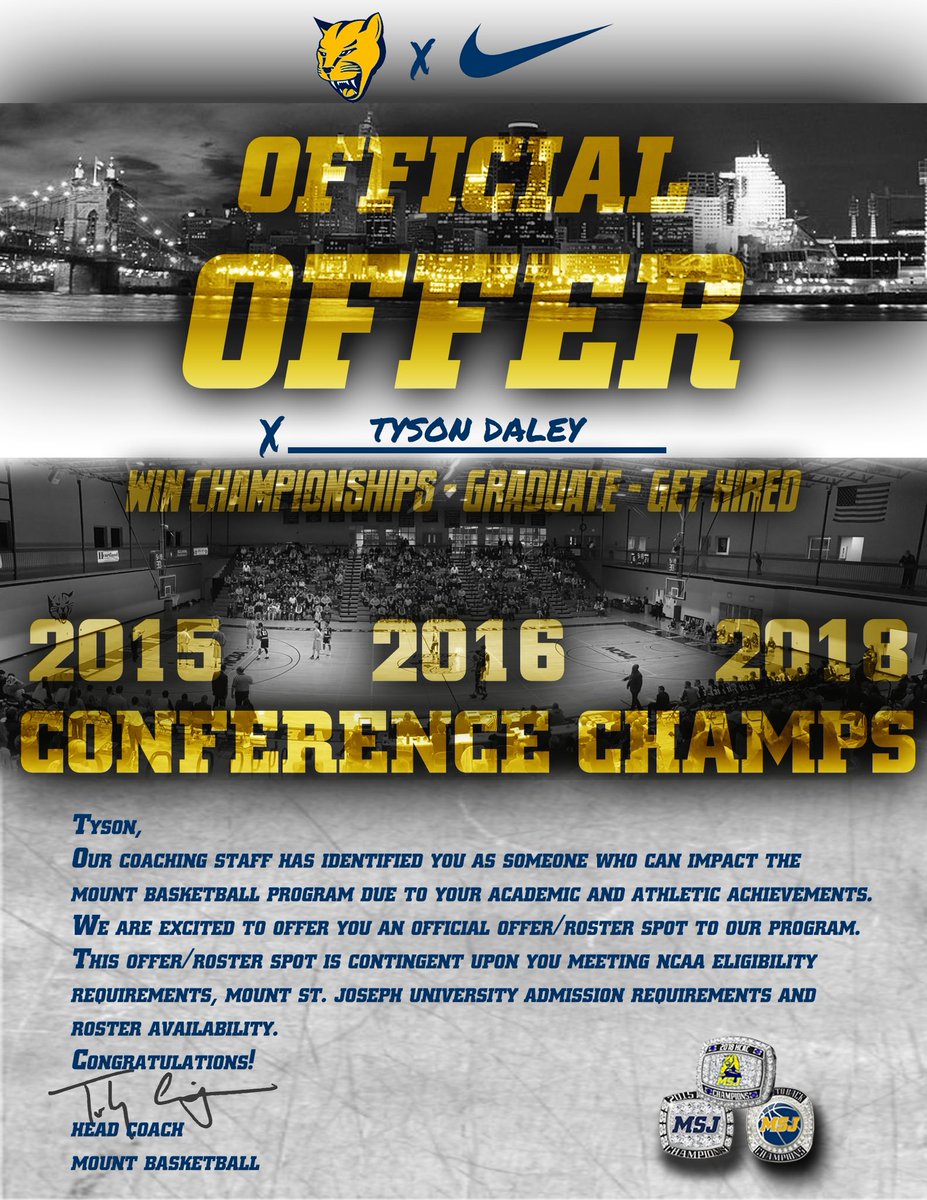 Tyson Daley (@tysondaley24) on Twitter photo Blessed to receive my second offer to Mt St Joseph University! <a href="/MountBasketball/">Mount Basketball</a>
<a href="/smbauman22/">Scott Bauman</a> <a href="/MSJCoachC/">Toby Carrigan</a>
<a href="/MiddieDK/">Dustin Kavanaugh</a> <a href="/p810daley/">Peyton Daley</a> <a href="/ChrisHicks513/">Chris Hicks</a> <a href="/EdgeBoysBball/">Edgewood Basketball</a> <a href="/KevinMoses38/">Kevin Moses LLC</a> <a href="/BleacherProspec/">Bleacher Prospect</a> Blessed to receive my second offer to Mt St Joseph University! <a href="/MountBasketball/">Mount Basketball</a>
<a href="/smbauman22/">Scott Bauman</a> <a href="/MSJCoachC/">Toby Carrigan</a>
<a href="/MiddieDK/">Dustin Kavanaugh</a> <a href="/p810daley/">Peyton Daley</a> <a href="/ChrisHicks513/">Chris Hicks</a> <a href="/EdgeBoysBball/">Edgewood Basketball</a> <a href="/KevinMoses38/">Kevin Moses LLC</a> <a href="/BleacherProspec/">Bleacher Prospect</a>