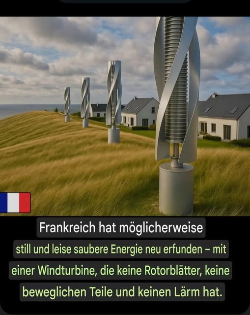 Frankreich erfindet Windkraft neu – ohne Rotorblätter, ohne Lärm, ohne bewegliche Teile.
Auf einem windigen Hügel in der Normandie haben Ingenieure eine flügellose Windturbine entwickelt, die lautlos vibriert und so Strom erzeugt. Der sogenannte Wirbelwindgenerator verzichtet auf
