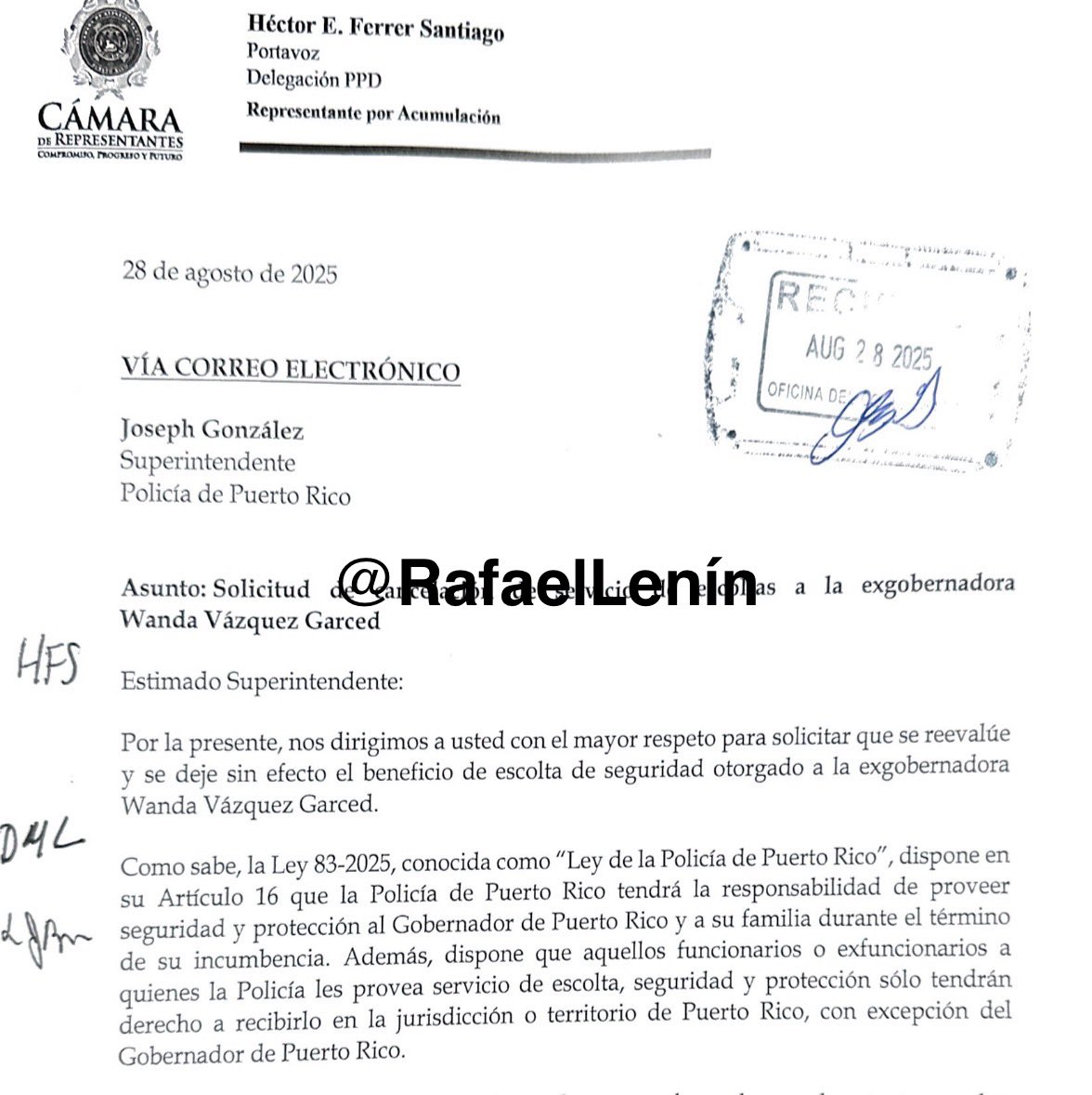 AHORA: Portavoz del PPD en la Cámara <a href="/HectorFerrerPR/">Héctor Ferrer</a> pide a la Policía que le cancelen la escolta a la exgobernadora Wanda Vázquez.