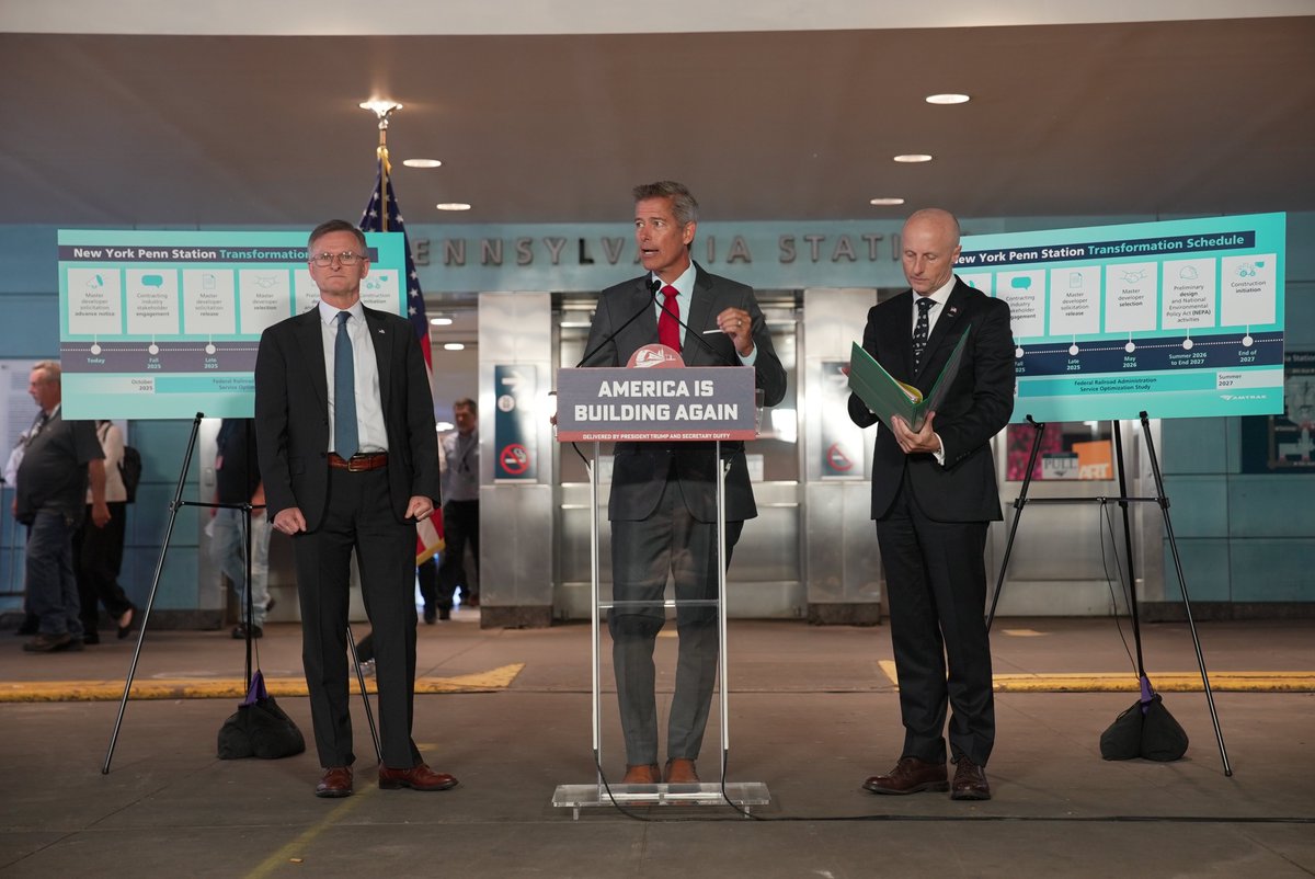 USDOT's tweet photo. Yesterday, @SecDuffy announced the New York Penn Station “Transformation” project will begin construction at the end of 2027.

@AMTRAK is being awarded with $43 million in federal grants to help transform the station into a world-class transit hub worthy of New York City! https://t.co/WvlYg3pPjC