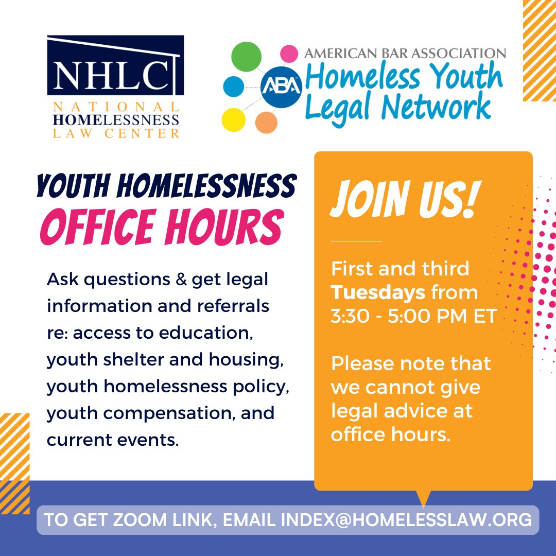 Join <a href="/ABA_CHP/">ABA Commission on Homelessness and Poverty</a> and <a href="/homeless_law/">National Homelessness Law Center</a> for an upcoming Office Hours session on September 2, from 3:30-5pm. Office Hours provides a space to ask common questions and get information regarding topics like access to education, youth shelter, housing. Register here: us02web.zoom.us/meeting/regist…