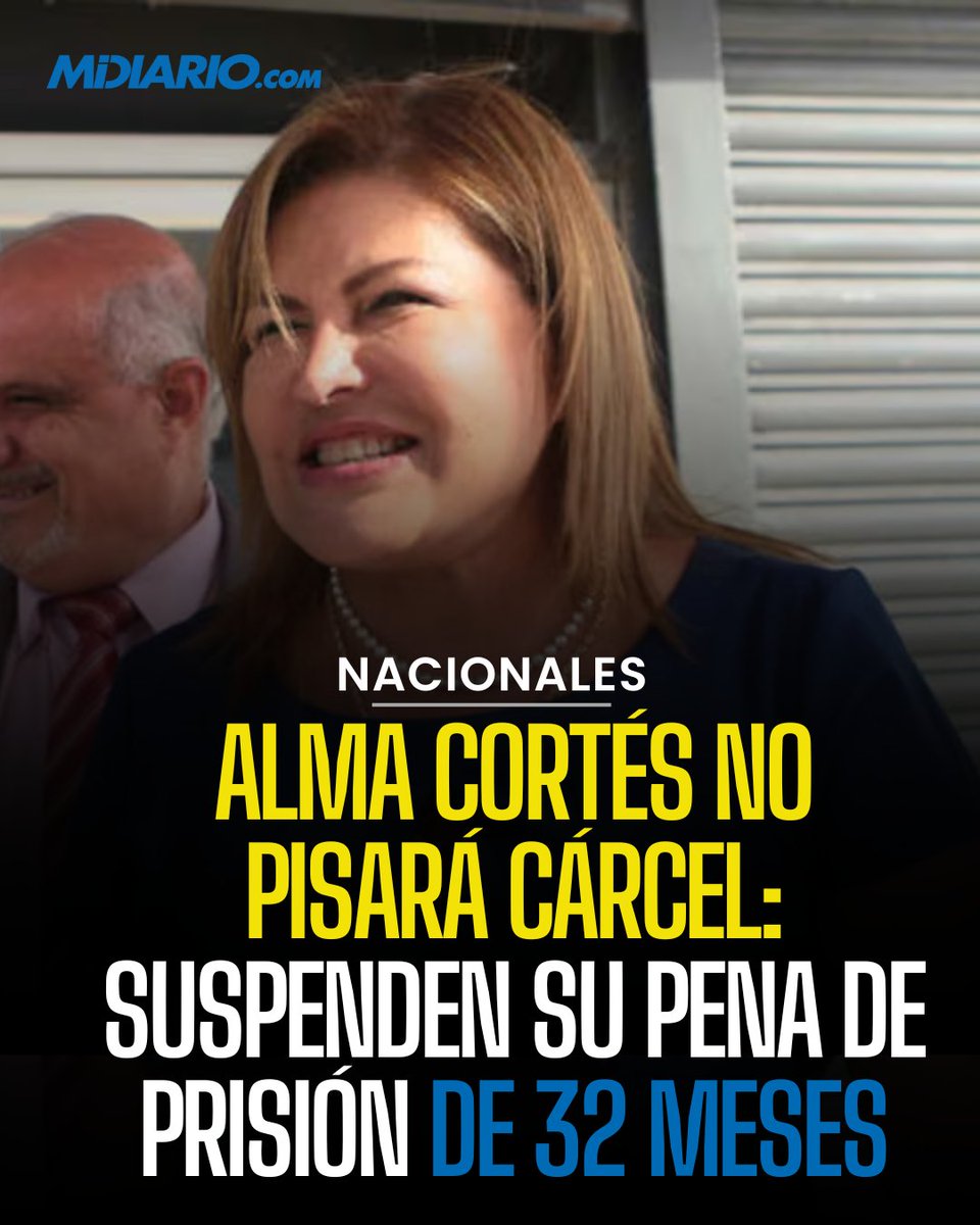 MiDiarioPanama's tweet photo. 🟡🔵La exministra de Trabajo Alma Cortés logró librarse de cumplir la condena de prisión que pesaba en su contra. La juez de cumplimiento Yira Quintero decretó la suspensión condicional de la pena de 32 meses de cárcel, que se le había impuesto por el d3lito de peculado en perjuicio del Mitradel.

En una audiencia celebrada este miércoles, la juez determinó que Cortés cumplía con lo dispuesto en el artículo 99 del Código Penal, que permite suspender la ejecución de la pena si el condenado es delincuente primario y la sanción no supera los tres años de prisión.

Otro factor que pesó a su favor fue que Cortés canceló la lesión patrimonial ocasionada, equivalente a $35 mil, lo que permitió que el proceso se suspendiera por un periodo de dos años bajo ciertas condiciones.

El fiscal de cumplimiento Javier Cuadra se opuso a la solicitud presentada por el abogado Carlos Carrillo, defensor de Cortés, pero la juez desestimó sus argumentos.

Según información publicada por La Prensa, la juez dispuso que la suspensión condicional del proceso se mantenga por dos años.

Lea la nota completa en el link del perfil @mdiariopanama @midiariopanama

https://t.co/n7tZWEC1Qp