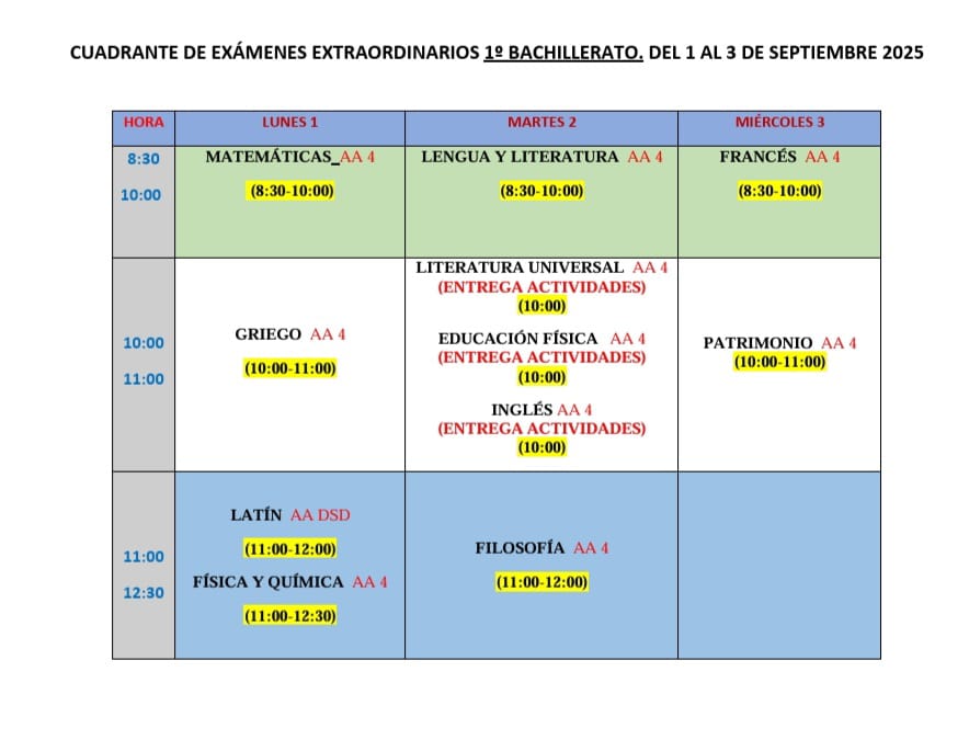 👨🏻‍💻 𝗖𝗢𝗡𝗩𝗢𝗖𝗔𝗧𝗢𝗥𝗜𝗔 𝗘𝗫𝗧𝗥𝗔𝗢𝗥𝗗𝗜𝗡𝗔𝗥𝗜𝗔 𝗗𝗘 𝗦𝗘𝗣𝗧𝗜𝗘𝗠𝗕𝗥𝗘 | Calendario de los exámenes de septiembre de las asignaturas de 1° de Bachillerato.