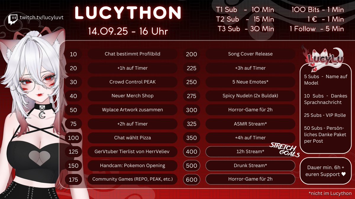 Hier schonmal die LUCYTHON GOALS ❤️
14.09. um 16 Uhr geht's los!

Hoffe ihr findet gefallen an den Zielen! ✨