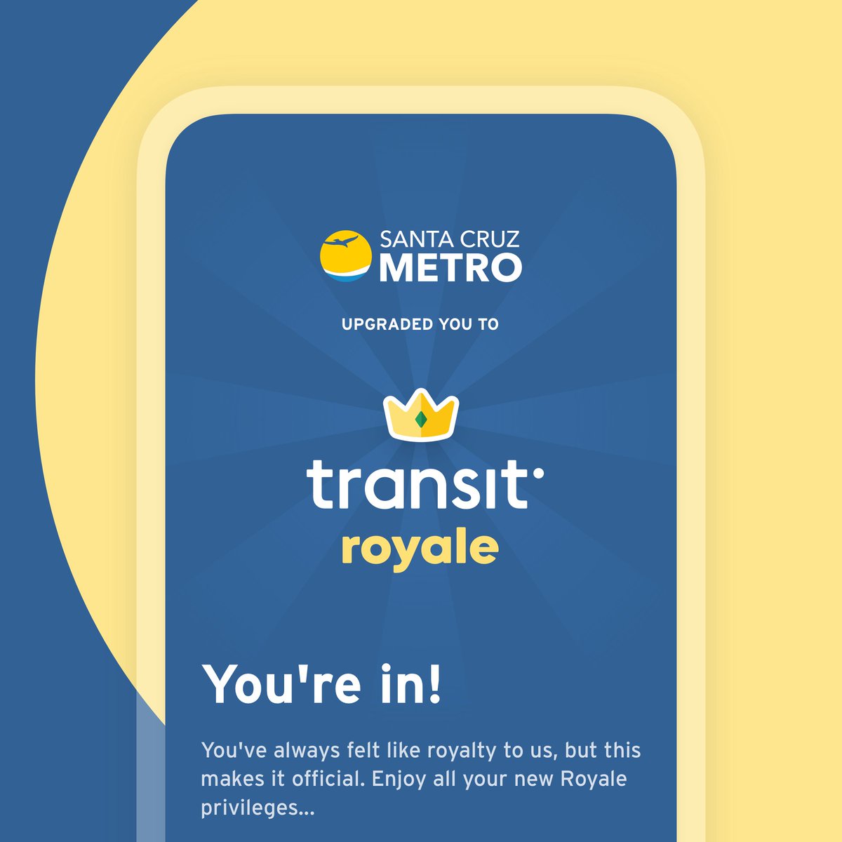 SantaCruzMETRO's tweet image. 🎺 We're upgrading all our riders to Transit Royale, the subscription in @transitapp 🎉

Ride with friends, customize your theme, and compete for the crowdsourcing crown on your line. Santa Cruz METRO riders are getting the Royale treatment 👑🚍

#transitapp #santacruzmetro