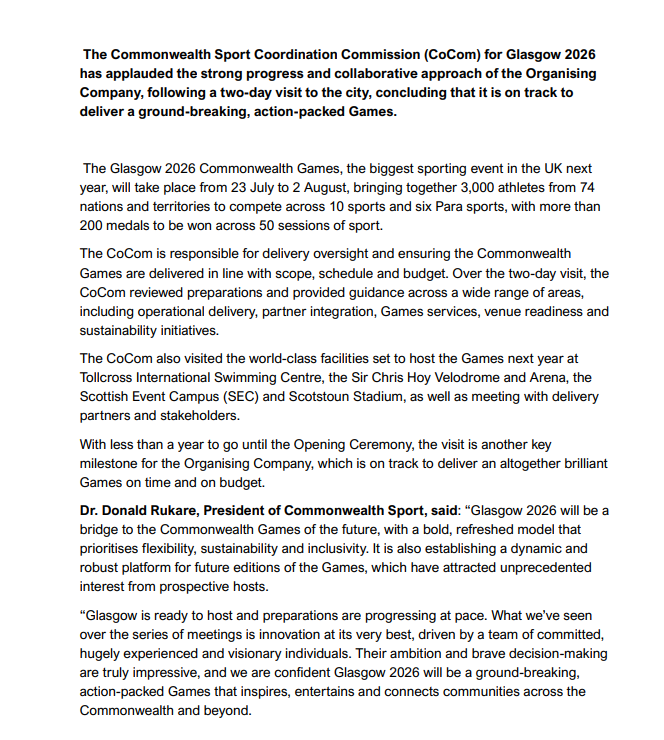 Moc_maw's tweet photo. Commonwealth Sport Coordination Commission for Glasgow 2026 commends progress https://t.co/JZnrRbGxIK