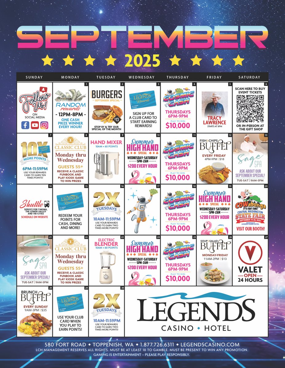 Your September plans are officially set! 📷📷
Whether you're here for live music with Tracy Lawrence on the 5th, delicious buffet specials, or your chance to win big with our weekly giveaways, we've got something for everyone. Don't miss out!
#LegendsCasino