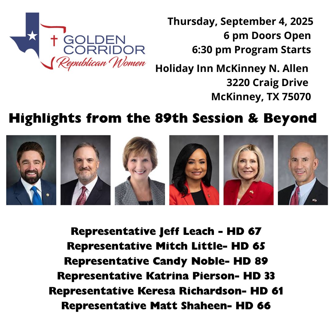 You're Invited to the GCRW September meeting!  #GCRW- mailchi.mp/11997127a4f3/g…
Thursday, September 4 | 6:00 PM
Location:  Holiday Inn McKinney N. Allen
3220 Craig Drive
McKinney, TX 75070
Doors open at 6pm with the program starting at 6:30pm. Light refreshments will be served.