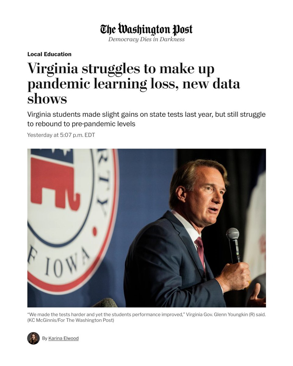 This new report makes clear — the Youngkin-Sears Administration is failing to set our kids up for success. 

As a mom to 3 daughters in VA public schools, this is personal. When I'm Governor, I'll work every day to strengthen Virginia's schools.