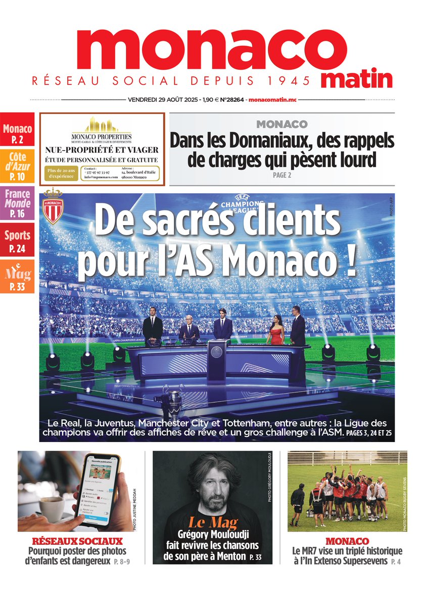 Et voici la Une de Monaco-matin de vendredi 29 août 2025 ! Bonne lecture !