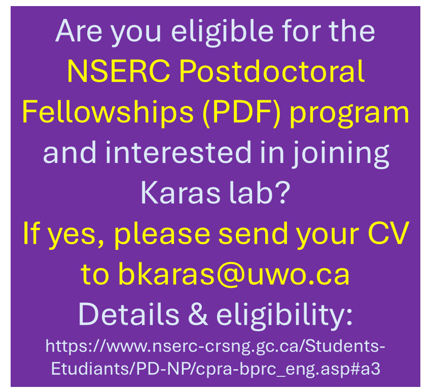 Karas Lab (@karaslab) on Twitter photo Are you eligible for the NSERC Postdoctoral Fellowships (PDF) program and interested in joining Karas lab? If yes, please send your CV to bkaras@uwo.ca Details & eligibility: nserc-crsng.gc.ca/Students-Etudi… Are you eligible for the NSERC Postdoctoral Fellowships (PDF) program and interested in joining Karas lab? If yes, please send your CV to bkaras@uwo.ca Details & eligibility: nserc-crsng.gc.ca/Students-Etudi…