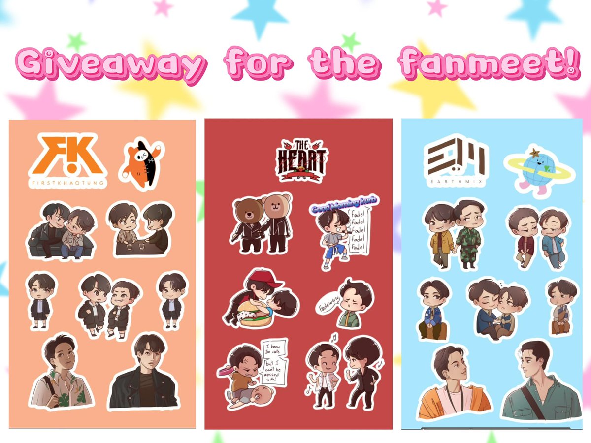 pink_tofu's tweet photo. Sticker giveaway for #JIBDreamFanmeet ❣️
The #EarthMix and #FirstKhaotung are reprints; the #TheHeartkilers one is new!
I will post my outfits for each day on the morning so please come find me and get one 💕
You can contact me here or via dm 🥰
(I’ll try to stay updated) https://t.co/zBWnGIqyzm