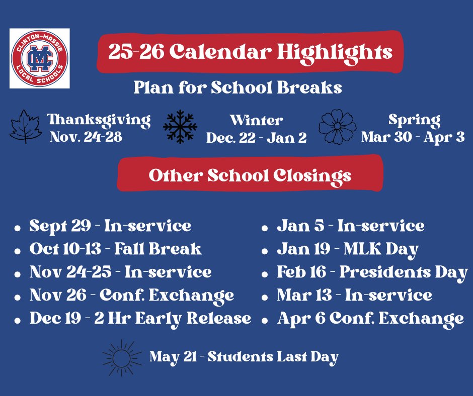 📅Checkout the upcoming breaks and days off scheduled for the 25 - 26 school year!

#TimeOff #Recharge #FalconsBreaks