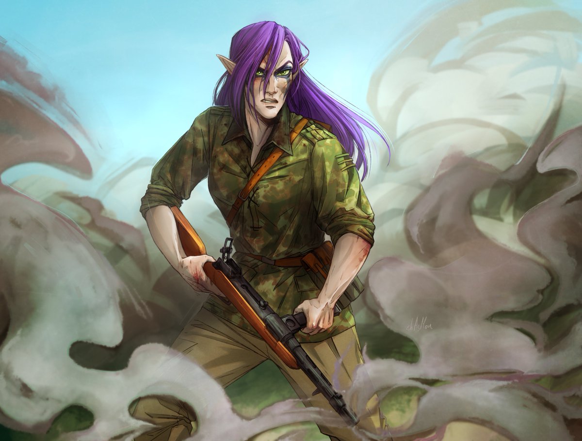 Unusual update with some comissions done for my own fantasy and dieselpunk setting that I created for my books (and first one already done). 

Selidri the Suffering Wandered, a Dail'nari druid (wood elf) from book in two moods - traveller and survivor - done by chasmou.vol2 🤗