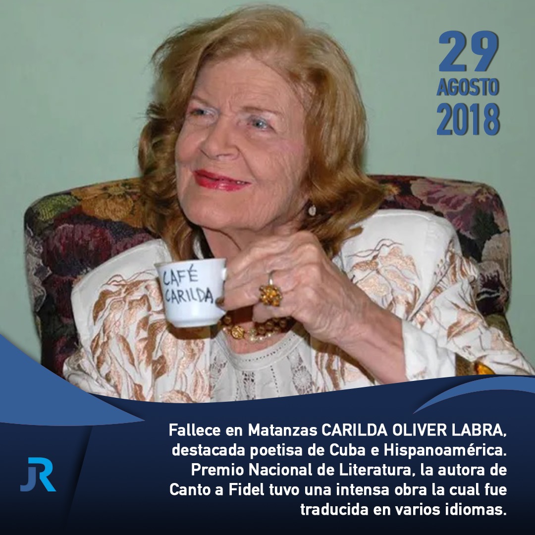 JuventudRebelde's tweet image. #Cuba 🇨🇺🖤El 29 de agosto de 2018, falleció Carilda Oliver Labra, La Novia de Matanzas
📌Premio Nacional de Literatura, autora de Canto a #FidelPorSiempre , su obra fue traducida a varios idiomas
📌Recibió el Premio Excelencias 2018 y la Réplica del Machete de Máximo Gómez