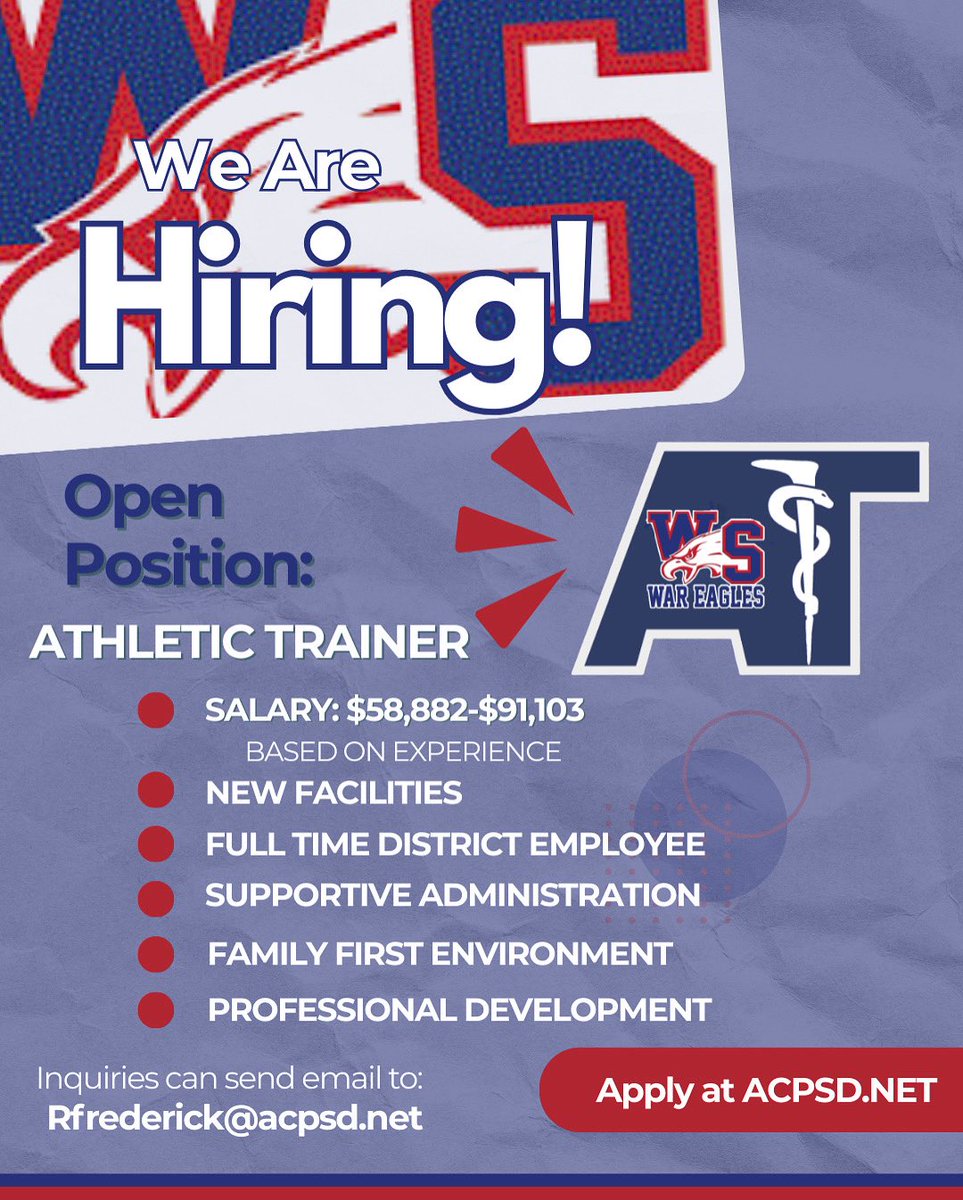 We Are Hiring

ATHLETIC TRAINER
- SALARY: $58,882-$91,103 (BASED ON EXPERIENCE)
- NEW FACILITIES
- FULL TIME DISTRICT EMPLOYEE
- SUPPORTIVE ADMINISTRATION
- FAMILY FIRST ENVIRONMENT
- PROFESSIONAL DEVELOPMENT

Inquiries email: Rfrederick@acpsd.net
Apply at ACPSD.NET