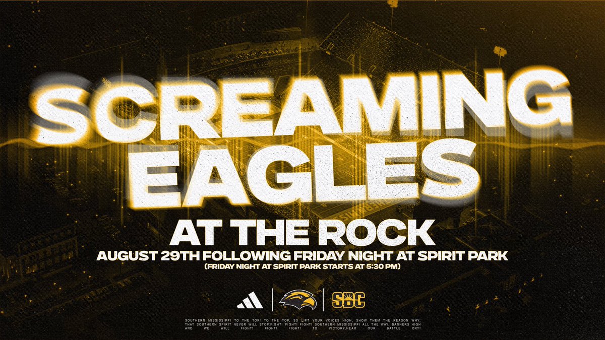 Made some Friday night plans for the students 😉

𝗦𝗖𝗥𝗘𝗔𝗠𝗜𝗡𝗚 𝗘𝗔𝗚𝗟𝗘𝗦
⌚️ » 5:30 p.m. 
📍 » Spirit Park &amp; The Rock
👕 » Free shirts

Run the Rock just like the Golden Eagles!

<a href="/SouthernMiss/">Southern Miss</a> | #SMTTT