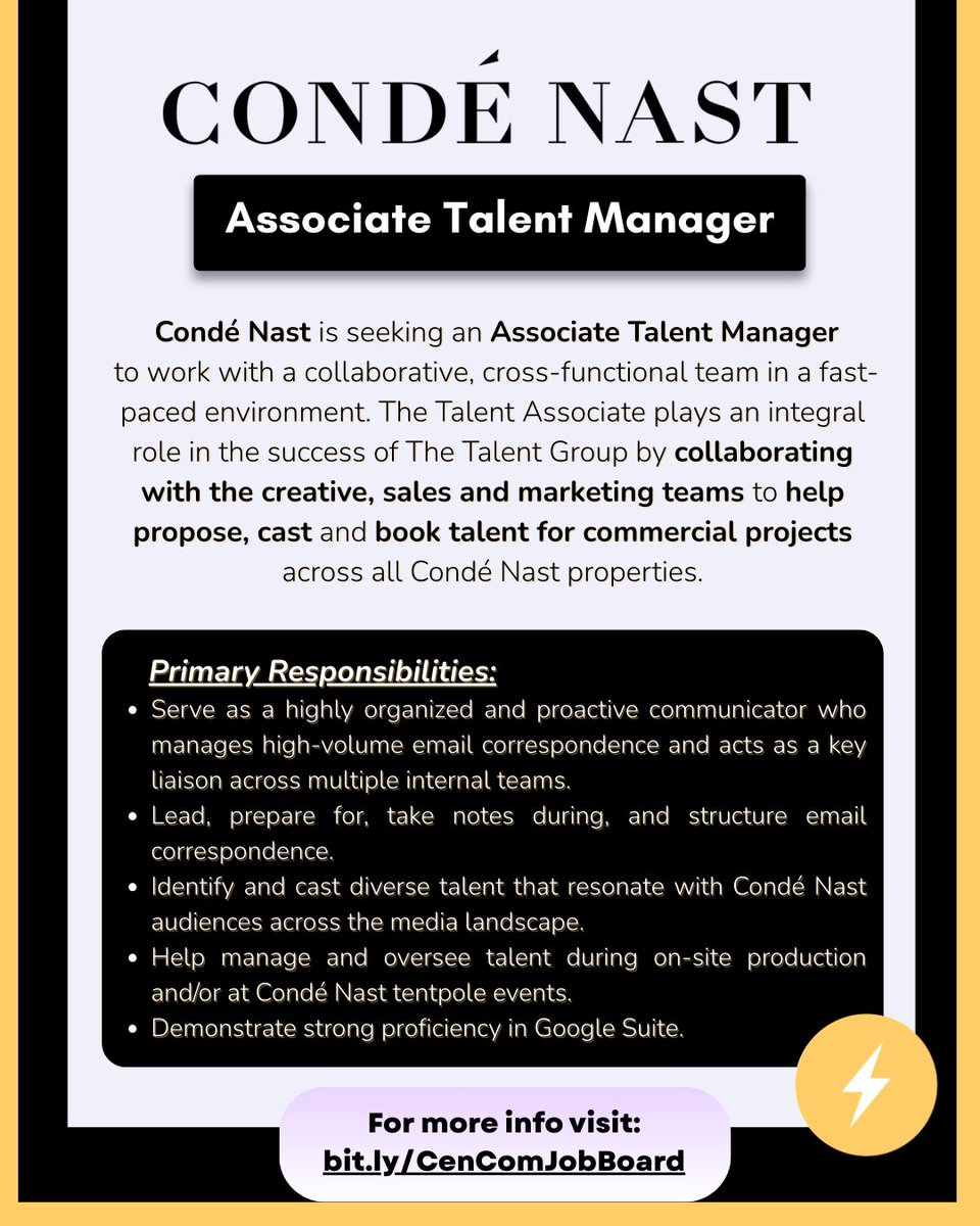 Condé Nast is seeking an Associate Talent Manager to help propose, cast and book talent for commercial projects across all Condé Nast properties. Go to our job board to apply and learn more.✨ Good Luck! bit.ly/CenComJobBoard