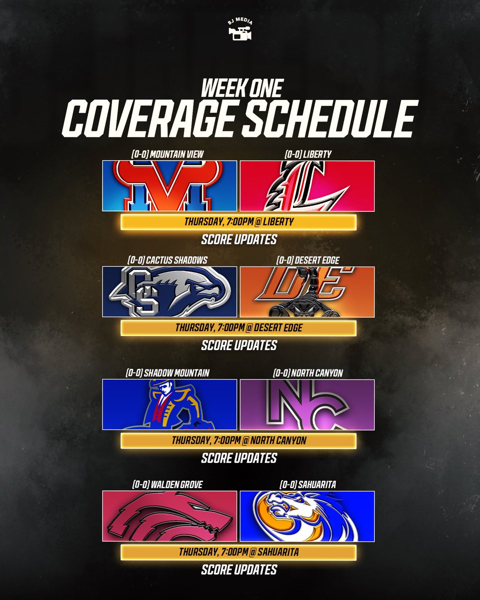 BJ Media (@bjmedia1) on Twitter photo We are officially back! Every team in Arizona plays football this weekend! Here is our loaded coverage schedule for tonight as <a href="/Mason_Byers5/">Mason Byers</a> takes over the twitter account for our Game of the Night between #2 Basha and #9 Brophy. Let’s have a great night!
🎨: <a href="/k7arts_az/">konnor m 🇵🇭</a> We are officially back! Every team in Arizona plays football this weekend! Here is our loaded coverage schedule for tonight as <a href="/Mason_Byers5/">Mason Byers</a> takes over the twitter account for our Game of the Night between #2 Basha and #9 Brophy. Let’s have a great night!
🎨: <a href="/k7arts_az/">konnor m 🇵🇭</a>