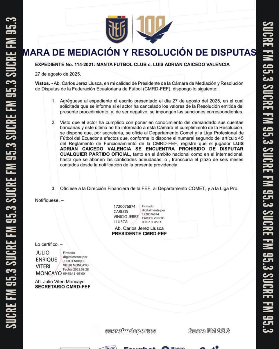 Sucre FM 95.3 📻 (@sucrefmdeportes) on Twitter photo 😢 ¿Y AHORA? 😱
📌 La cámara de mediación y disputas confirmó que Luis Caicedo tiene una prohibición de jugar cualquier partido oficial con #CSE 🔵⚡️
📌 Manta solicita que se le cancelen sus valores pendientes.
ℹ️: <a href="/Jrnochi/">𝐽𝑎𝑣𝑖𝑒𝑟 𝑅𝑢𝑖𝑧</a>
#DeportesEnSucreFM 😢 ¿Y AHORA? 😱
📌 La cámara de mediación y disputas confirmó que Luis Caicedo tiene una prohibición de jugar cualquier partido oficial con #CSE 🔵⚡️
📌 Manta solicita que se le cancelen sus valores pendientes.
ℹ️: <a href="/Jrnochi/">𝐽𝑎𝑣𝑖𝑒𝑟 𝑅𝑢𝑖𝑧</a>
#DeportesEnSucreFM