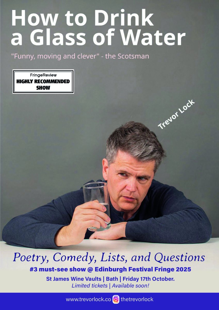 ChaiCreativeLtd's tweet photo. Harriet Walter’s Jaques says “all the world’s a stage” — but Trevor Lock knows it’s many more things. How to Drink a Glass of Water reveals them all, and more #Bath Limited tickets soon! https://t.co/CputVNeQeT #Bathcomedy #poetry #spokenword https://t.co/aaFpYS4OnM