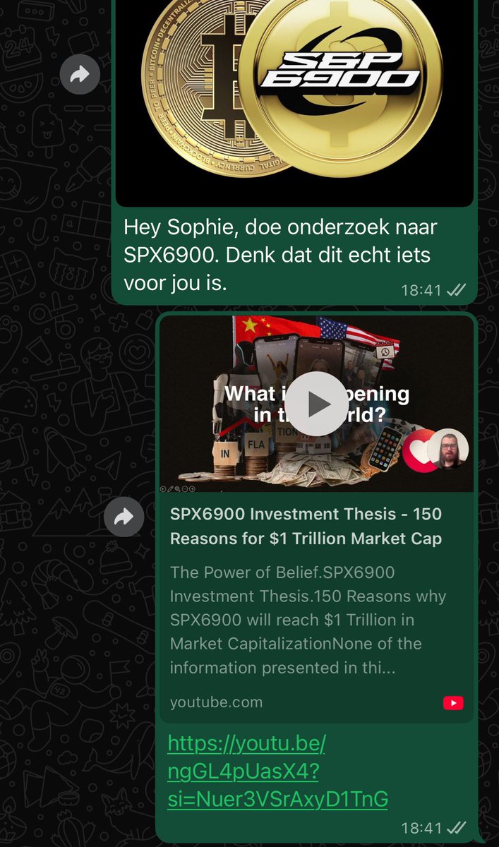 投資動画へのリンク付きでSPX6900を勧めるWhatsAppの会話のスクリーンショット
