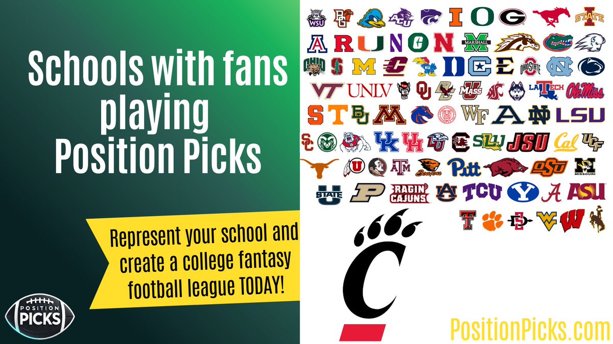 Bowman Bagley (@thebowmanbagley) on Twitter photo Got our first fan from Cincinnati!
School number 87 to have fans playing Position Picks college fantasy football!
<a href="/CSG_Cincinnati/">CSG Cincinnati</a> <a href="/CSG_Big12/">CSG Big 12 (25-8)</a> Got our first fan from Cincinnati!
School number 87 to have fans playing Position Picks college fantasy football!
<a href="/CSG_Cincinnati/">CSG Cincinnati</a> <a href="/CSG_Big12/">CSG Big 12 (25-8)</a>