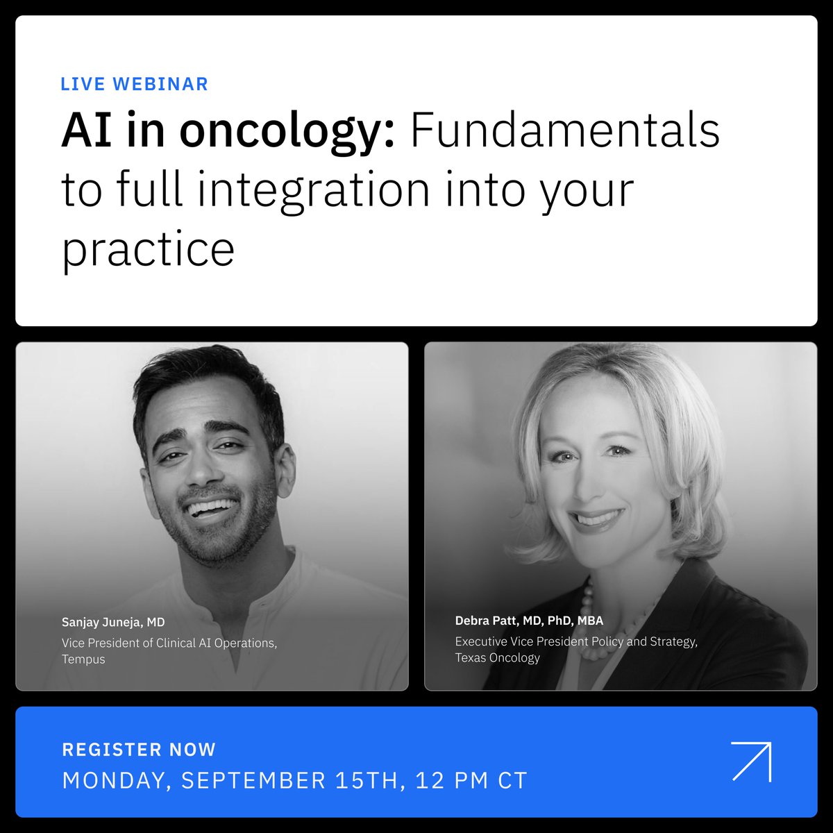 Join us on Monday, September 15 for a live webinar with Sanjay Juneja, M.D. Juneja and Debra Patt, MD PhD MBA. These industry experts will be discussing AI’s real-world oncology applications and how AI platforms integrated into EHRs are enabling more context-aware insights and