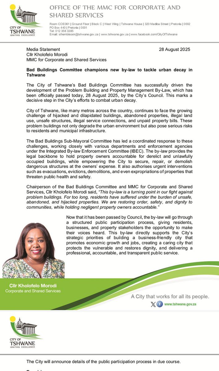 Bad Buildings Committee champions new by-law to tackle urban decay in Tshwane.