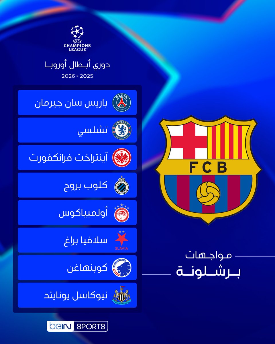 beINSPORTS's tweet photo. تعرف على مواجهات برشلونة في مرحلة الدوري ضمن مسابقة دوري أبطال أوروبا

#دوري_أبطال_أوروبا | #قرعة_دوري_أبطال_أوروبا https://t.co/L7aNLpPU4i