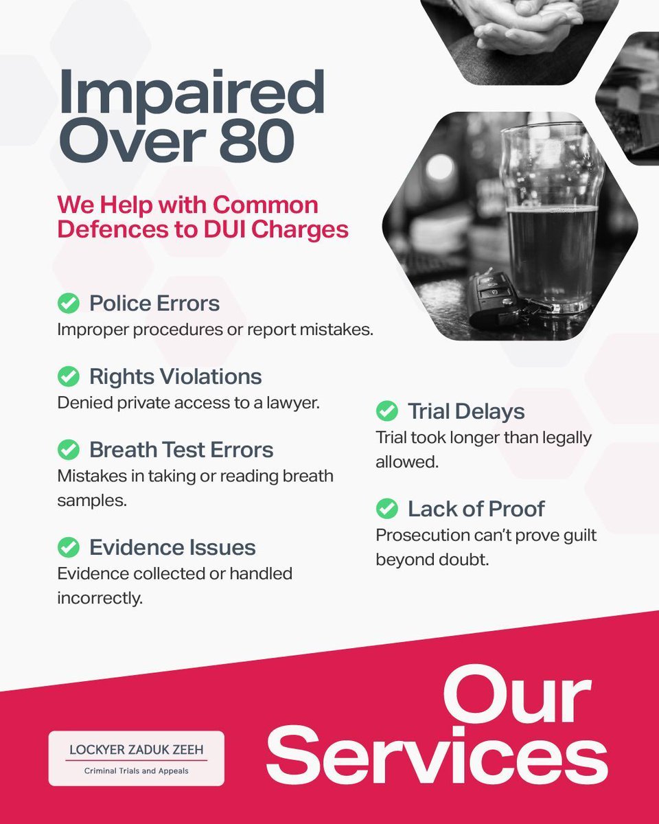 Lockyer Zaduk Zeeh (@lzzdefence) on Twitter photo We specialize in defending DUI & Over 80 Charges, which involve driving under the influence or refusing a breath test. At LZZ, we provide legal defence, addressing police errors and rights violations to protect you. 
Discover your options: buff.ly/W8mT1eb #DUILawyer We specialize in defending DUI & Over 80 Charges, which involve driving under the influence or refusing a breath test. At LZZ, we provide legal defence, addressing police errors and rights violations to protect you. 
Discover your options: buff.ly/W8mT1eb #DUILawyer
