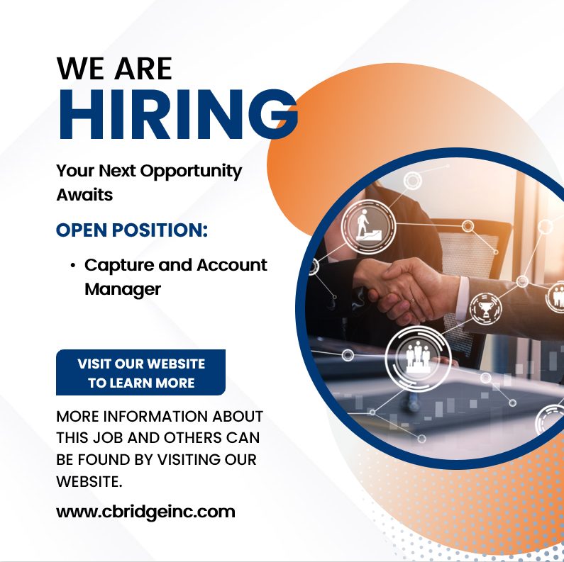 cbridgeinc's tweet photo. We're Hiring! We have an exciting position we're looking to fill right away:

- Capture and Account Manager - https://t.co/N2iT3urK6v

Apply now or if you know someone who might be a good fit email recruiting@cbridgeinc.com https://t.co/nGYChkkV4x