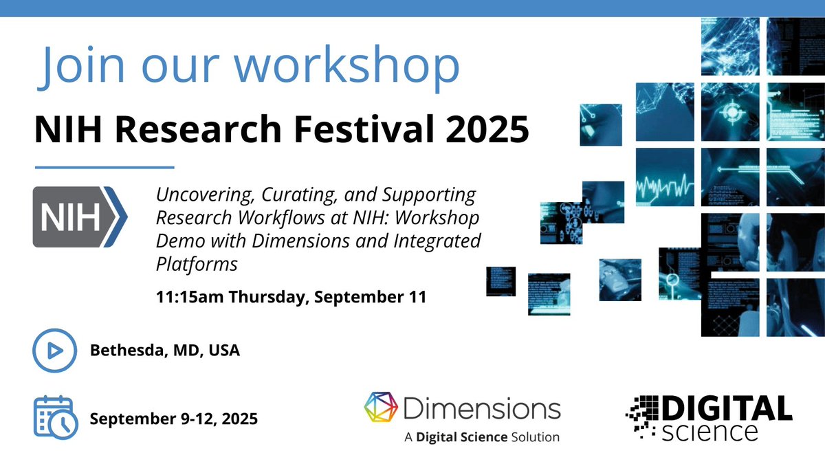 Digital Science (@digitalsci) on Twitter photo 🌟 We're excited to be part of the <a href="/NIH/">NIH</a> Research Festival - as exhibitors & workshop hosts, we’ll be showcasing how <a href="/DSDimensions/">Dimensions</a> gives #NIH researchers a complete view of their research landscape. 🔬
🔗 Learn more & register for our workshop: ow.ly/IuSV50WNHoU
<a href="/IRPatNIH/">NIH Intramural</a> 🌟 We're excited to be part of the <a href="/NIH/">NIH</a> Research Festival - as exhibitors & workshop hosts, we’ll be showcasing how <a href="/DSDimensions/">Dimensions</a> gives #NIH researchers a complete view of their research landscape. 🔬
🔗 Learn more & register for our workshop: ow.ly/IuSV50WNHoU
<a href="/IRPatNIH/">NIH Intramural</a>