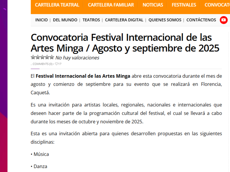 Se encuentra abierta la CONVOCATORIA FESTIVAL INTERNACIONAL DE LAS ARTES MINGA. Más info en la sección Convocatorias de Kioskoteatral.com: kioskoteatral.com/convocatorias/…