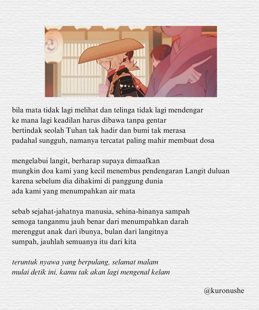 Arsip; semoga tak ada darah yang tertumpah ke atas tanganmu
—
#KaedeharaKazuha #GenshinImpact