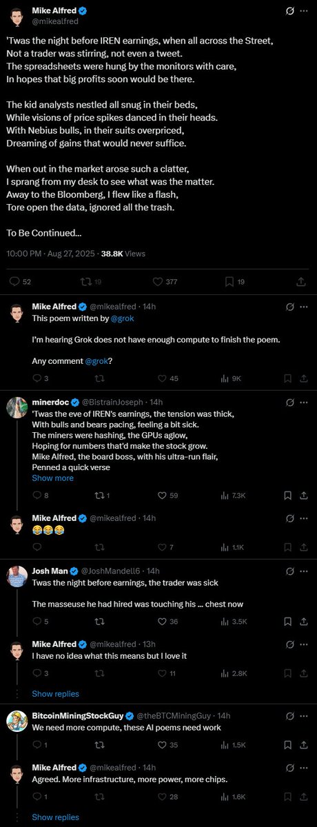 Ellis Wyatt (@wyatts_torch) on Twitter photo I wonder how the SEC enforcement and crypto folks view an insider, a "board member," if you can call this paid shill this, of Iris Energy tweeting this hours before $IREN reports earnings this evening?
<a href="/mikealfred/">Mike Alfred</a>
<a href="/SEC_Enforcement/">SEC Enforcement</a> I wonder how the SEC enforcement and crypto folks view an insider, a "board member," if you can call this paid shill this, of Iris Energy tweeting this hours before $IREN reports earnings this evening?
<a href="/mikealfred/">Mike Alfred</a>
<a href="/SEC_Enforcement/">SEC Enforcement</a>