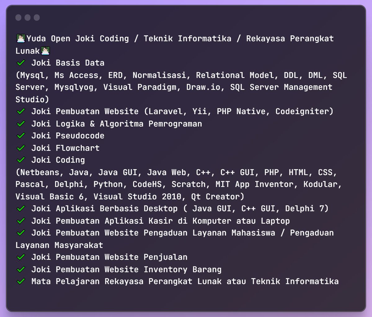 coding_syp's tweet image. 👨🏻‍💻Yuda Open Joki Coding, Iot, Web, Mobile👨🏻‍💻
Open skripsi TI juga yaa, emot banyak gas kan

Joki basis data, erd, diagram, mysql, flowchart.
Joki website, php, laravel, flask, HTML, django, javafx, binus, UT.
Joki netbeans, python, java, kodular. 

#jokitugas #jokicoding #zonauang