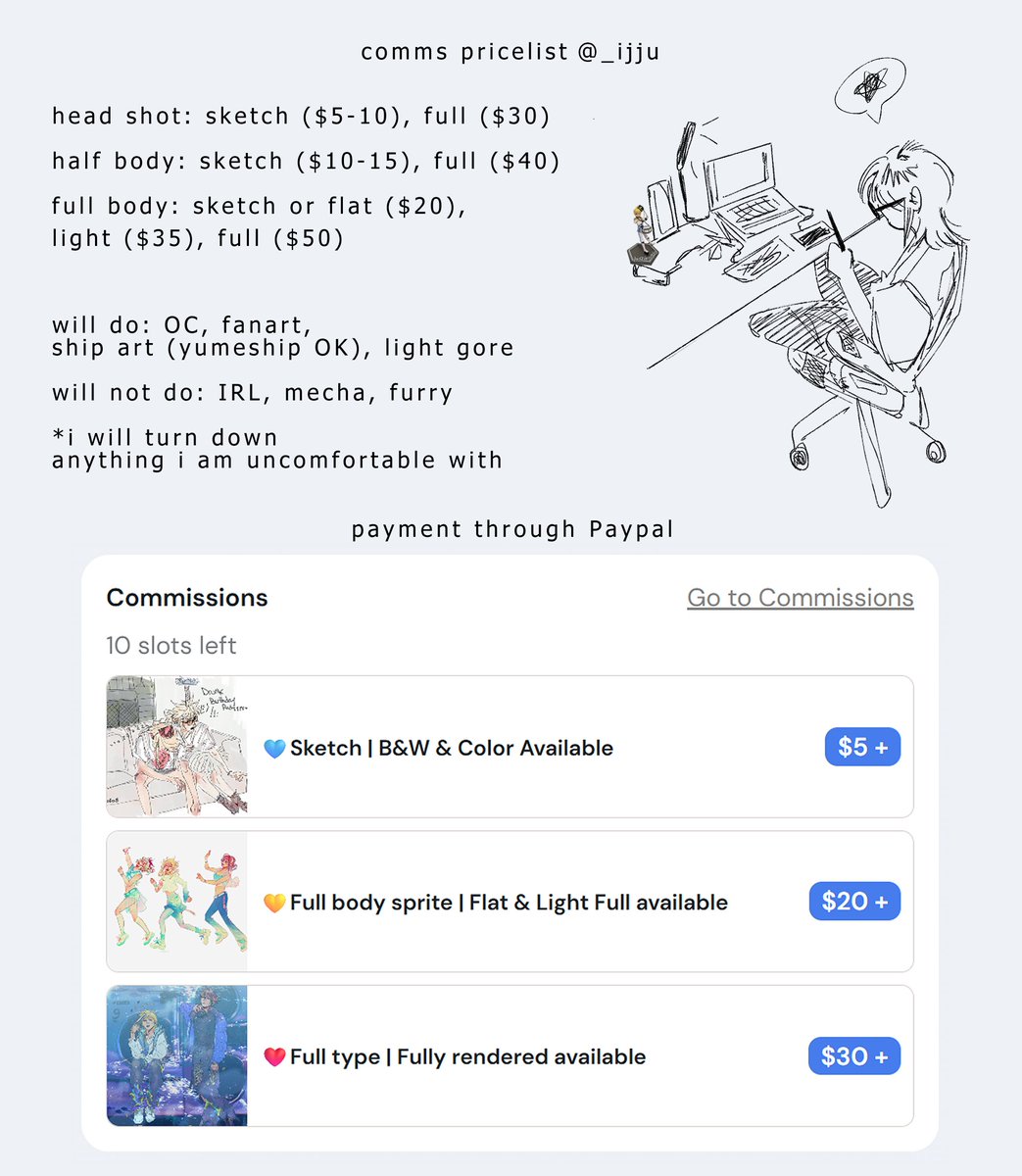 _ijju's tweet photo. 10 slots open!
dm or ko-fi, either is fine :]

rts appreciated
approx completion time: 1-3 weeks https://t.co/Oyou984Qf7