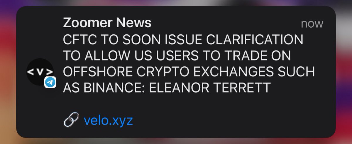 CFTCの見解明確化に関するZoomer News通知のスクリーンショット（米国トレーダーの海外暗号取引所アクセスについて）