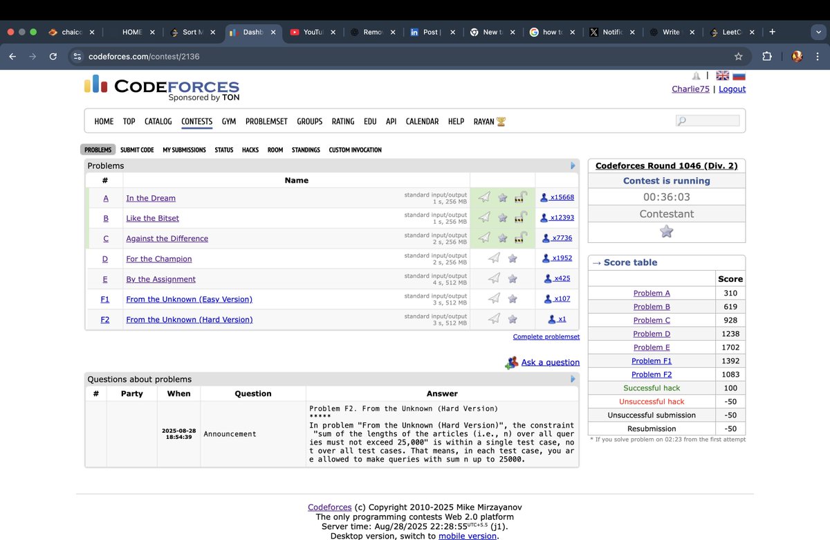 Himanshu_tb's tweet image. Participated in Codeforces after a long time — and for the first time in Div2, I cracked 3 problems! 🎉🔥
Finally, some optimism in my life ✨
#Codeforces #LeetCode #CompetitiveProgramming #CP #DSA #Div2 #ProblemSolving