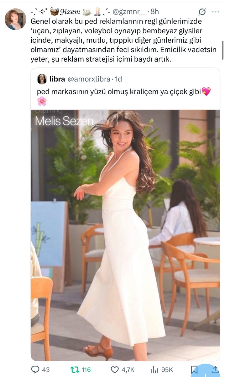 SelinLilibeth's tweet photo. Alıntılamadım çünkü iki tweeti de okumanızı istedim. Çok doğru.

Bu salak reklam fikirleri eskidi.Regl olunca kas ağrısı, mide bulantısı, baş ağrısı, uyku hali gibi semptomlar olmadan geçiren kadın yoktur. Kendini çirkin hissetmek de ekstrası.Makyajlar kahveler kurtarmıyor tipi👽 https://t.co/PxgSnaHAtL