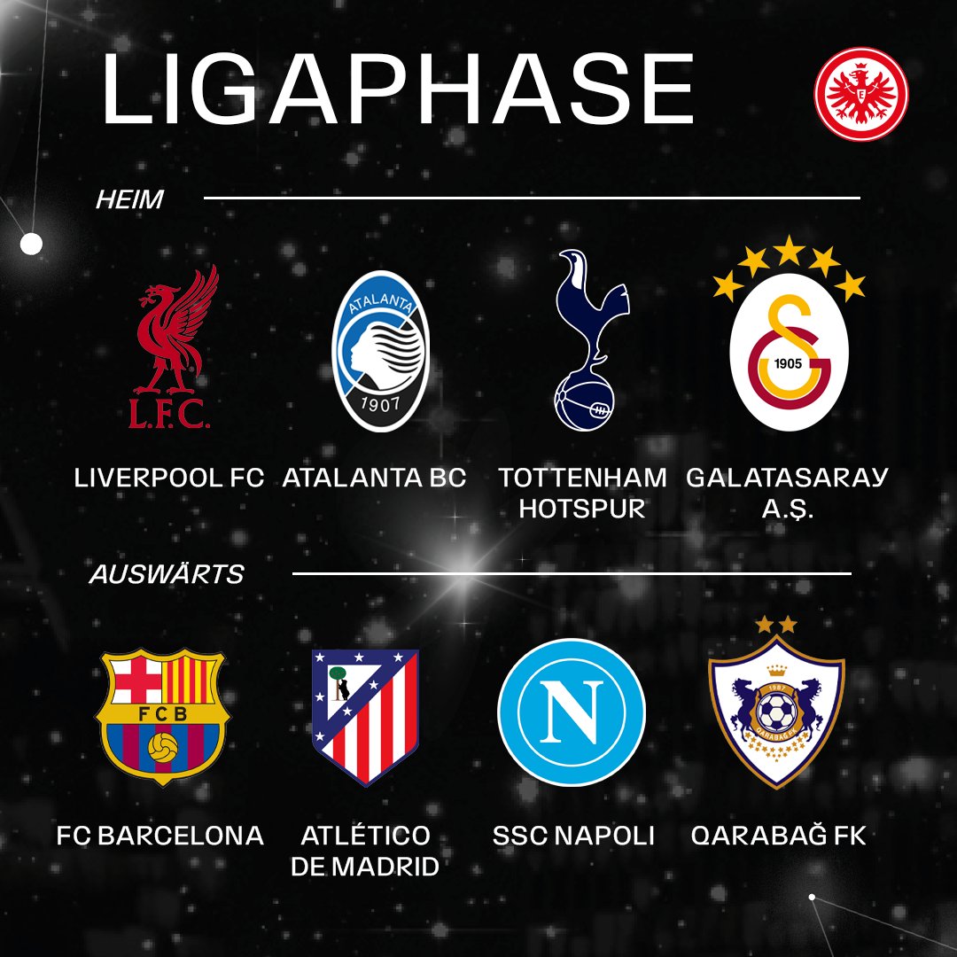 🏆✨ Auf einen Blick: Unsere Gegner in der <a href="/ChampionsLeague/">UEFA Champions League</a> 2025/26!

Mehr dazu: go.eintracht.de/aVUGQ0

#SGE | #UCL