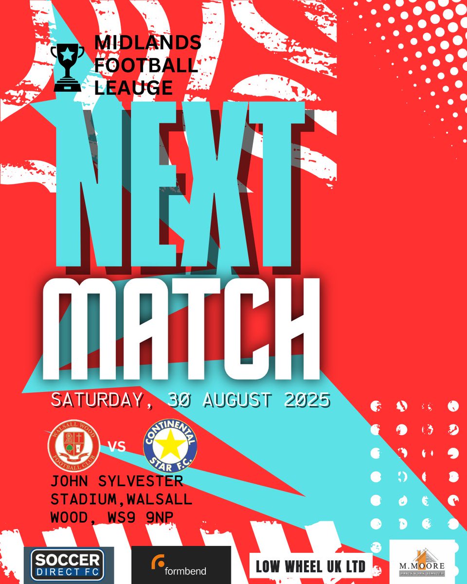 ❤️🤍NEXT MATCH 🤍❤️

<a href="/MidlandLeague/">Capelli Sport Midland Football League</a> action at the wood again this weekend!

Take a good look at this graphic something fresh might be on the way 👀

📆 Sat 30th August 
🆚 Continental Star FC
🏟️ John Sylvester Stadium, Walsall Wood, WS9 9NP
🕛 15:00 
🎟️ Adults £5, Concession £3