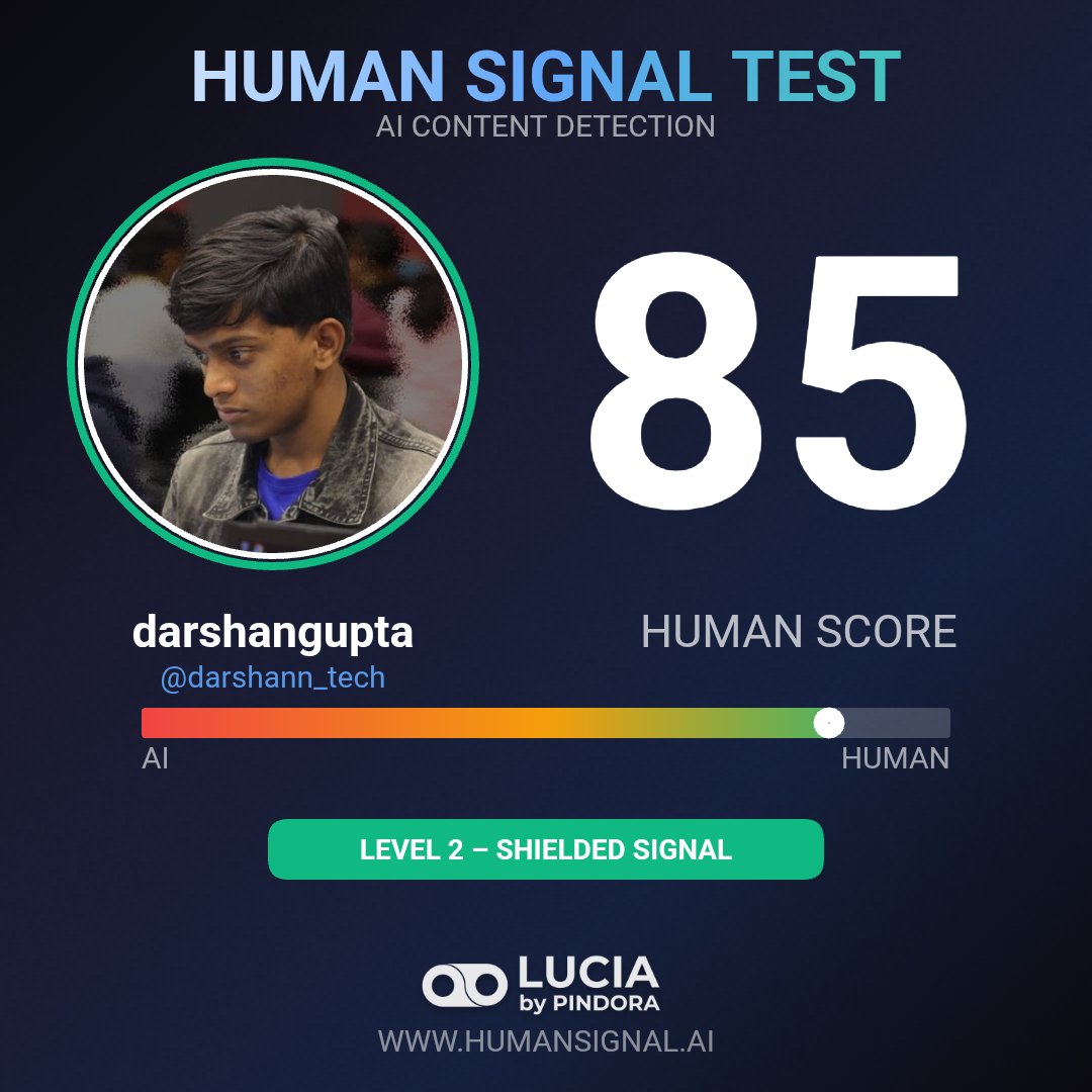 I took the Human Signal Test.

Score: 85/100 - 🛡️ Level 2 – Shielded Signal!

Want to see if you're human or AI slop?

Find out at humansignal.ai

Score 60+ to unlock your eligibility for the $LUCIA TGE community round!

#HumanSignal <a href="/Pindora_HQ/">PINDORA</a>