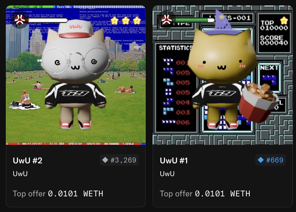 _UwU_eth's tweet photo. 🎀 UwU #1 and #2 🎀

Giving away these two 69 mfers for everyone rocking UwU pfp

1. Get UwU as PFP - https://t.co/nrEWWzEZyX
2. Drop your wallet in comment (must be holding UwU)
3. Say uwu

Will choose 2 winners in 48 hours https://t.co/K8QMtf9VKT