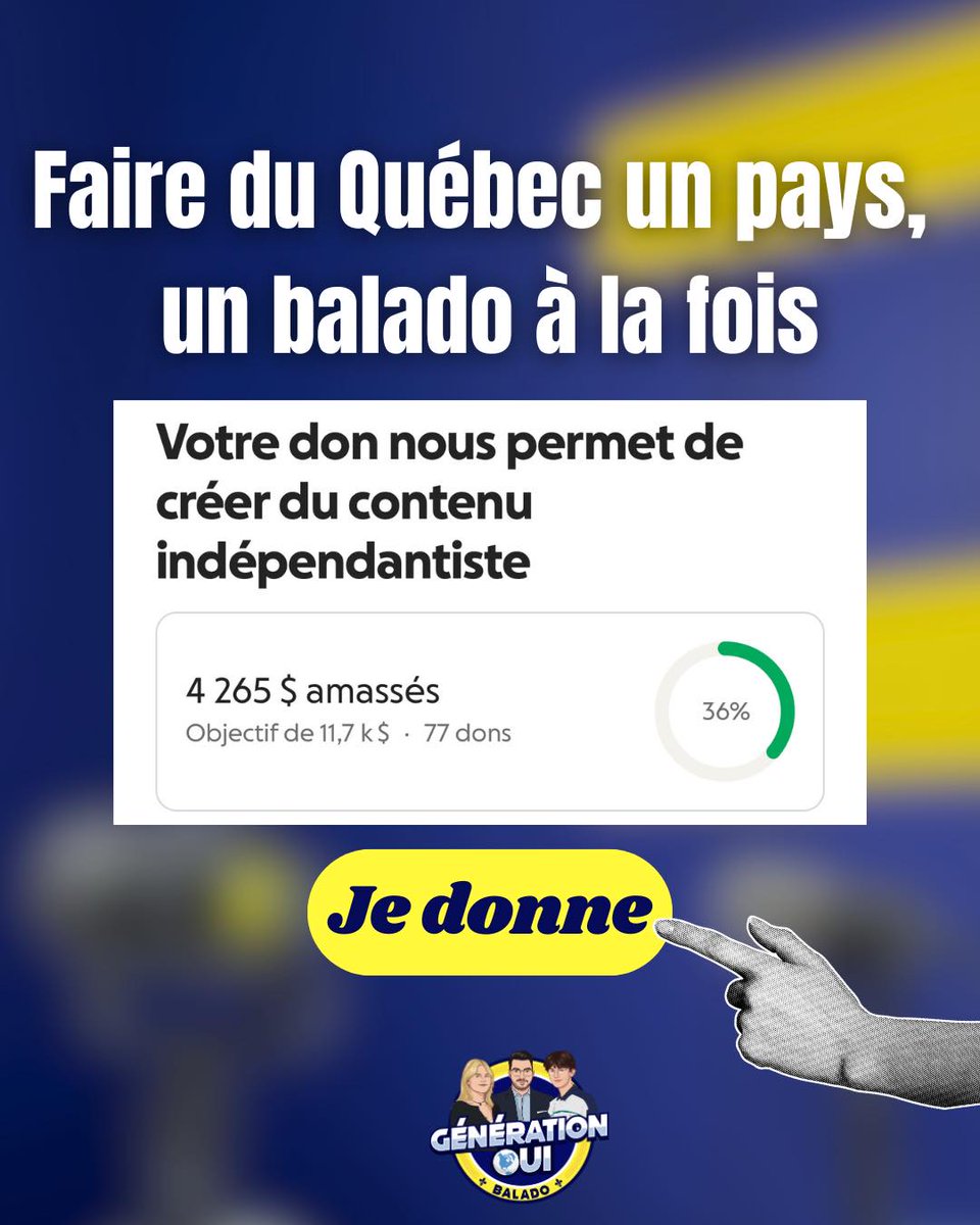 On a ramassé 550$ depuis cette publication, moins de 24 h!!!

C'est 2 balados financés en 24h!

2 balados, c'est 300 000 vues de courts indépendantistes.

C'est des gens qui, toutes les semaines, nous disent être devenus indépendantistes grâce à notre contenu.