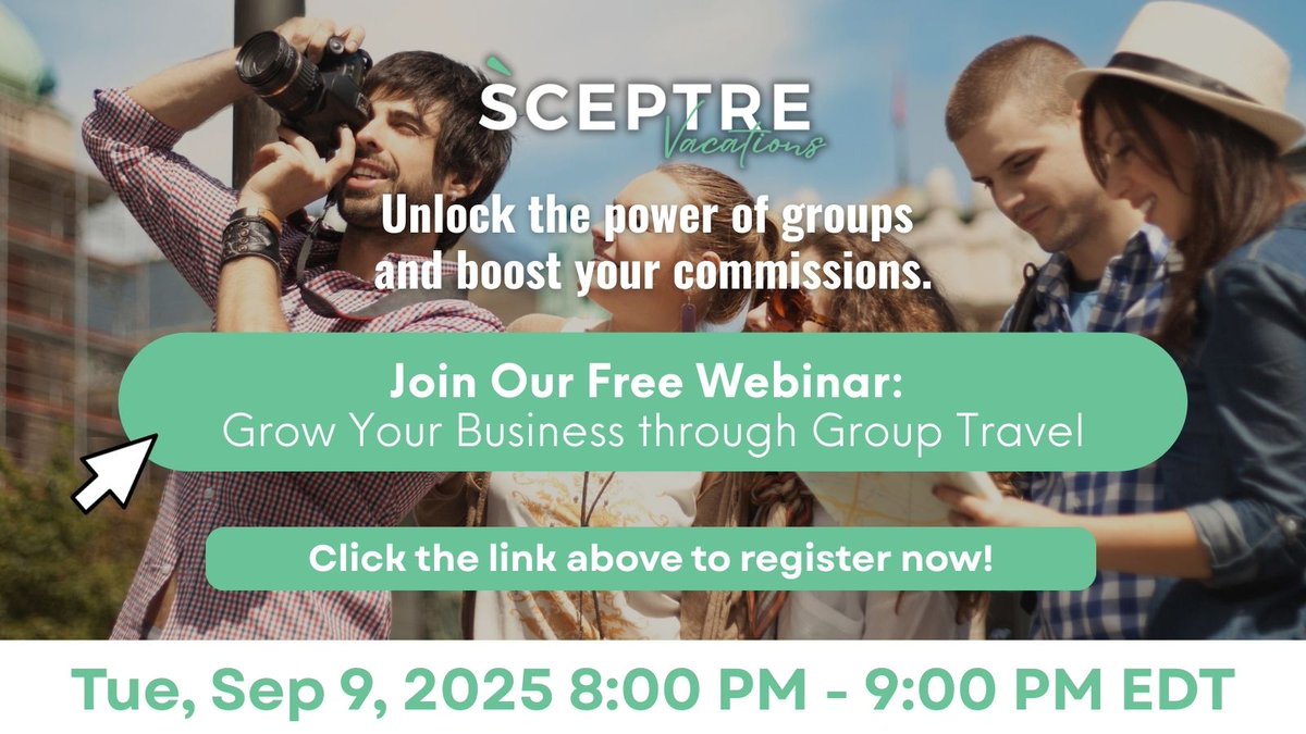 🚀 Ready to boost your earnings? Join our FREE webinar on Tonight, Sept 9 at 8 PM EDT and learn how to turn group travel into big commissions. Don’t miss it—register now!  #TravelAgents #GroupTravel sceptrevacations.com/advisor-resour…